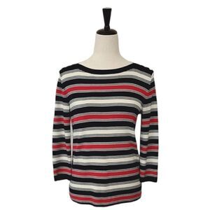 Talbots Red Striped Boatneck 3/4 Sleeve Gold Button Top
